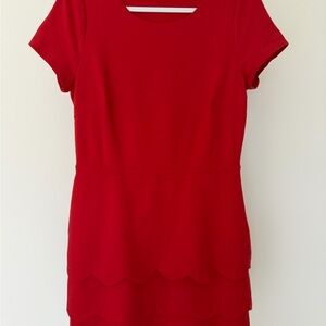 Boden Red Ponte Sheath Dress Size 10 Tiered Scallop Hem Short Sleeve EUC